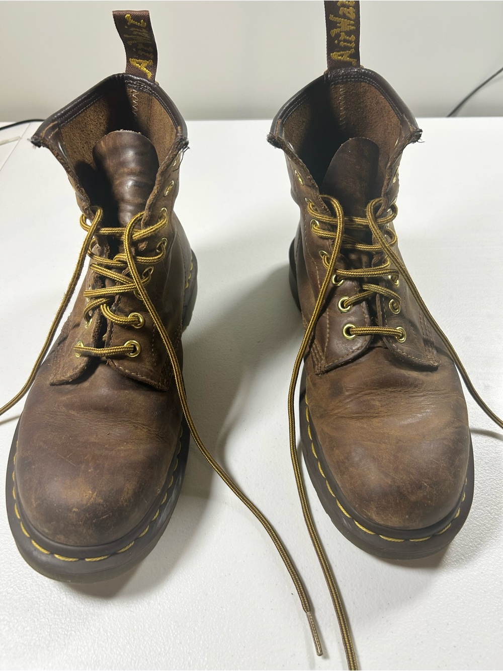 Dr. Martens Brown Leather Lace-Up Boots with Yellow Stitching
